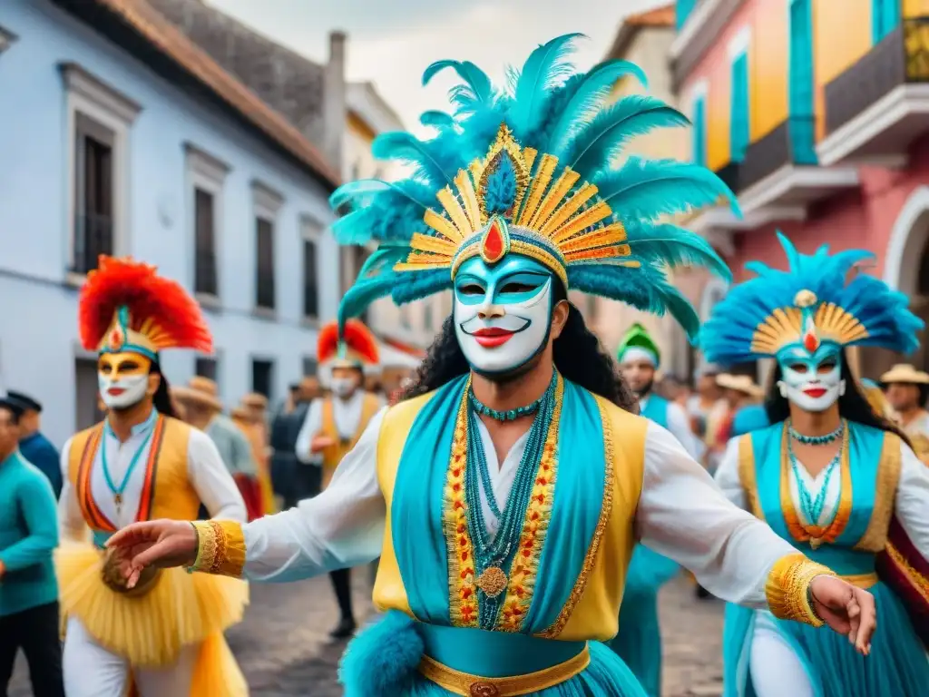 Carnaval en Uruguay: Desfile vibrante y colorido Desfile vibrante de Carnaval en Uruguay con bailarines y músicos, carros alegóricos y máscaras tradicionales frente a edificios coloniales y palmeras