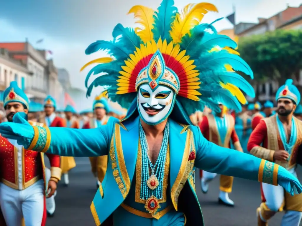 Deslumbrante desfile de carnaval en Uruguay: colores, música y tradición Desfile vibrante de Carnaval en Uruguay con carros alegóricos y bailarines, mostrando la energía de los Secretos organización Carnaval Uruguayo