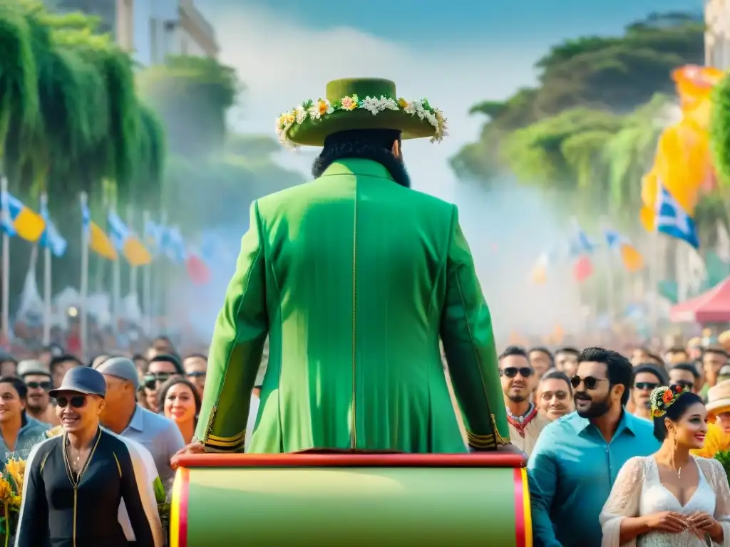 Desfile vibrante en Carnaval Uruguayo: carroza verde y flores Desfile vibrante en el Carnaval de Uruguay, con carroza decorada y trajes coloridos, rodeado de naturaleza