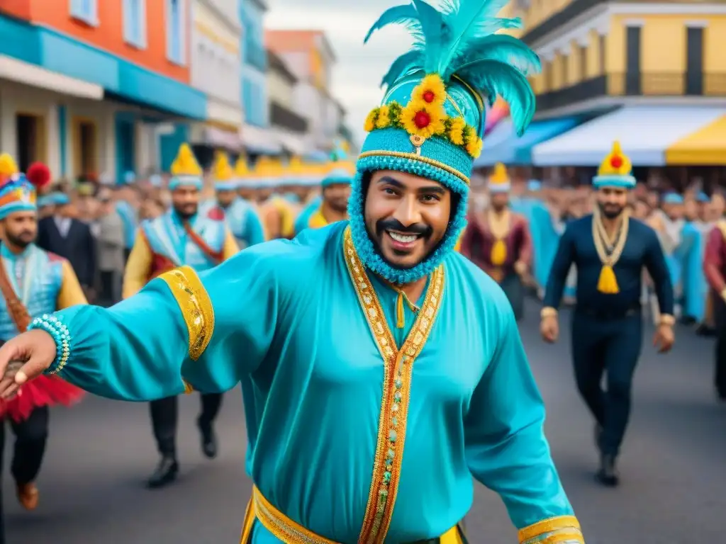 «Desfile de Carnaval en Uruguay: color y alegría» Desfile vibrante de Carnaval en Uruguay, con carrozas detalladas, bailarines y espectadores animados