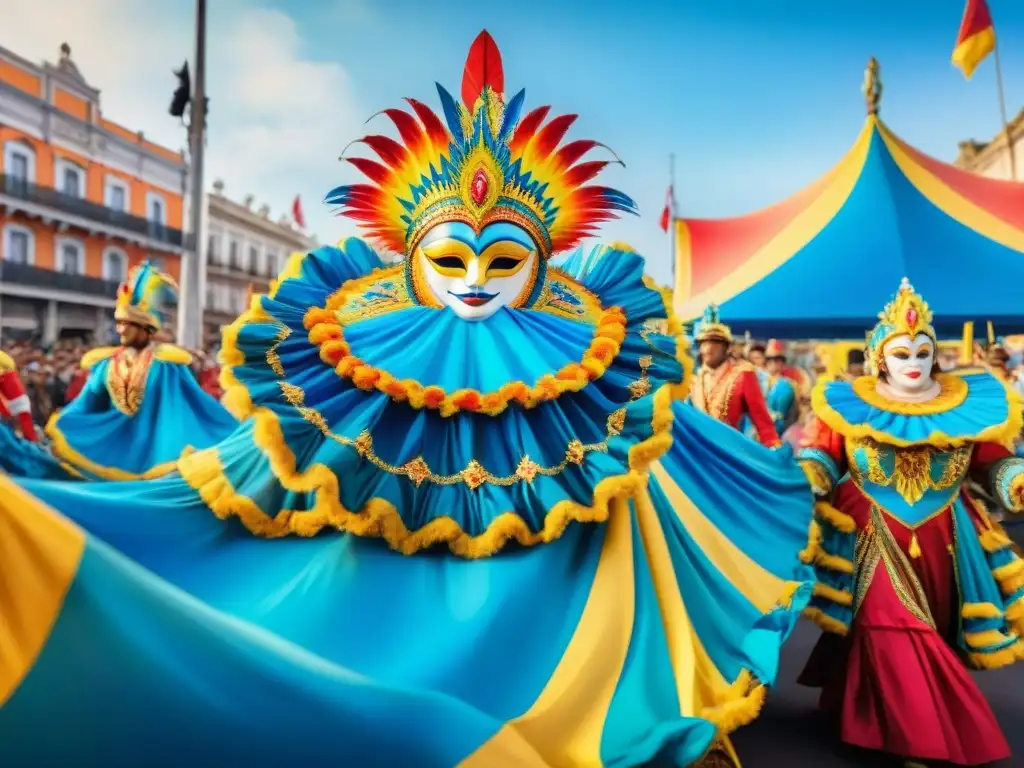 Deslumbrante carnaval uruguayo: coloridos desfiles y danzas Un desfile vibrante de Carnaval en Uruguay, con carrozas, danzarines y espectadores bajo un cielo azul