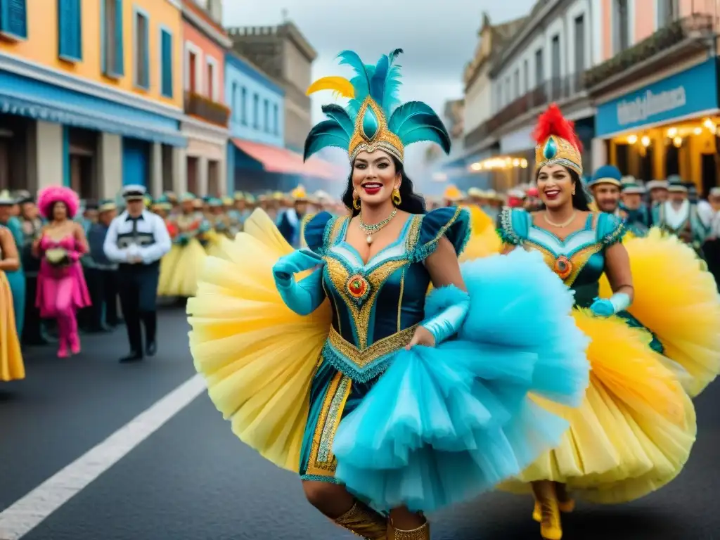Carnaval en Uruguay: pintura acuarela vibrante Desfile vibrante de Carnaval en Uruguay, con carrozas coloridas, bailarines y espectadores