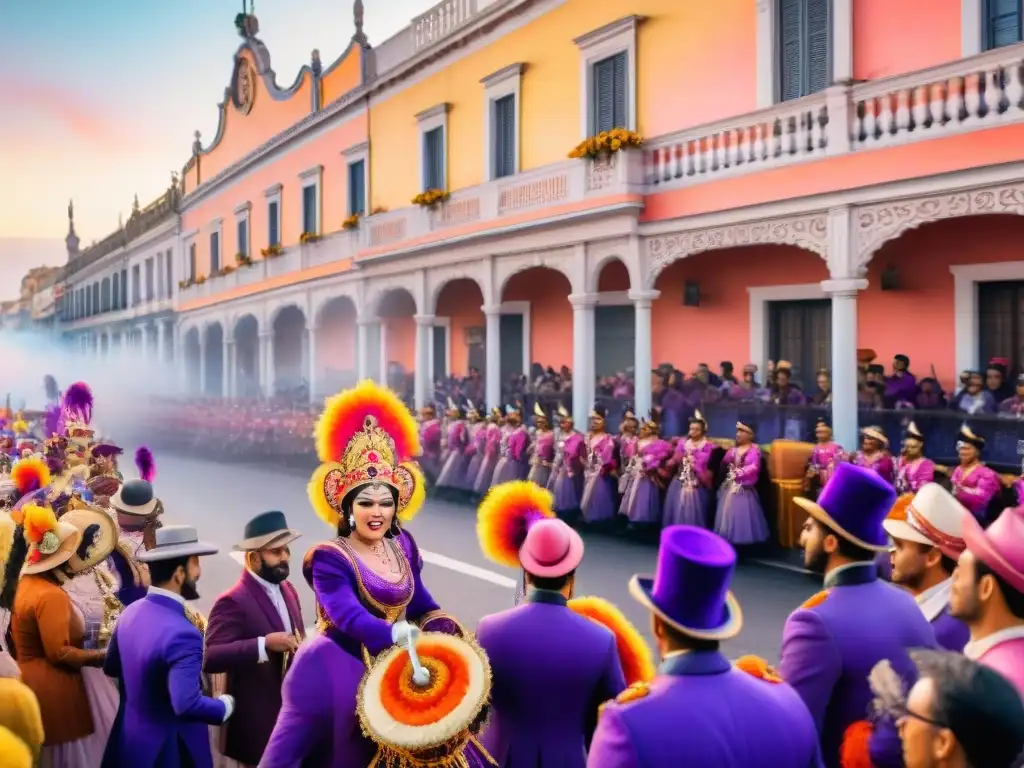 Deslumbrante desfile de Carnaval en Uruguay: colores y alegría Desfile vibrante de Carnaval en Uruguay con carrozas, bailarines, músicos y espectadores animados bajo un cielo festivo