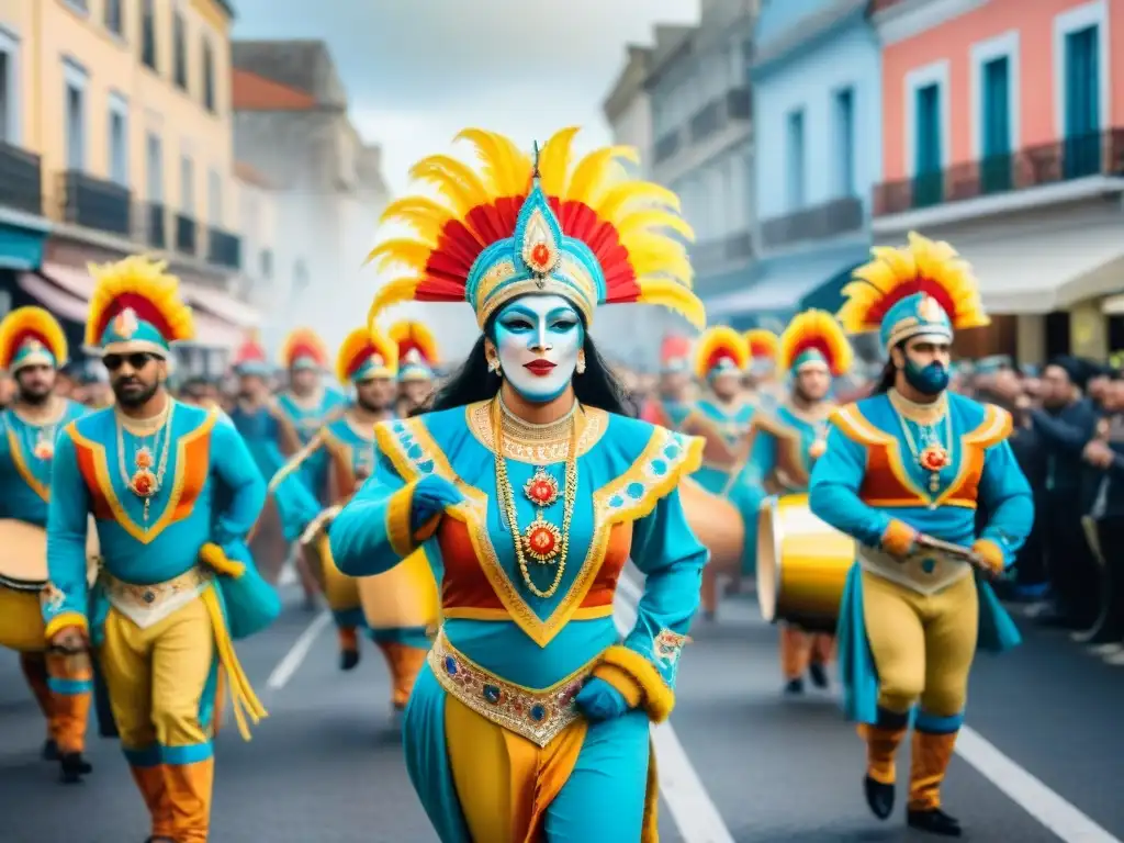 Desfile vibrante de Carnaval en Uruguay, con carrozas coloridas y bailarines