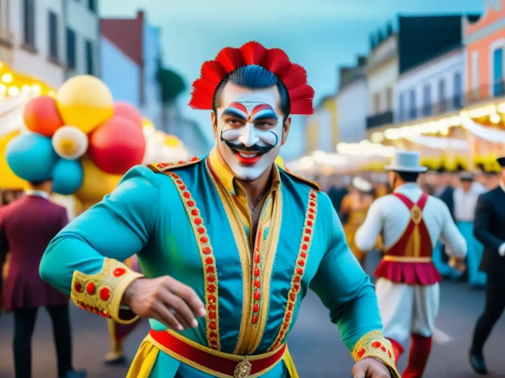 Carnaval de Uruguay: Desfile vibrante y colorido Desfile vibrante de carnaval en Uruguay, con carrozas, trajes coloridos y bailarines alegres