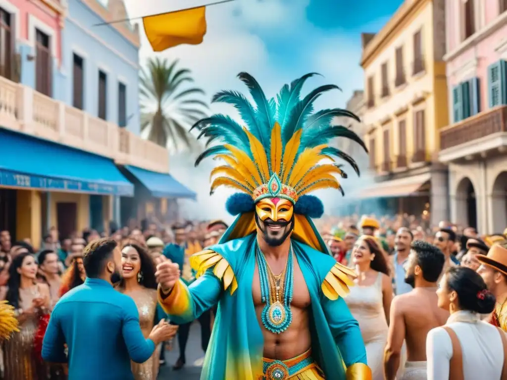 Carnaval en Uruguay: desfile de color y alegría Desfile vibrante en Carnaval de Uruguay, con carrozas coloridas y bailarines en trajes llamativos, rodeados de espectadores emocionados y confeti