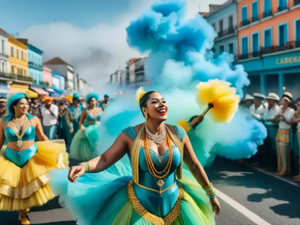 Desfile de Carnaval en Uruguay: colores vibrantes y alegría festiva Desfile vibrante de Carnaval en Uruguay, con carrozas y bailarines coloridos