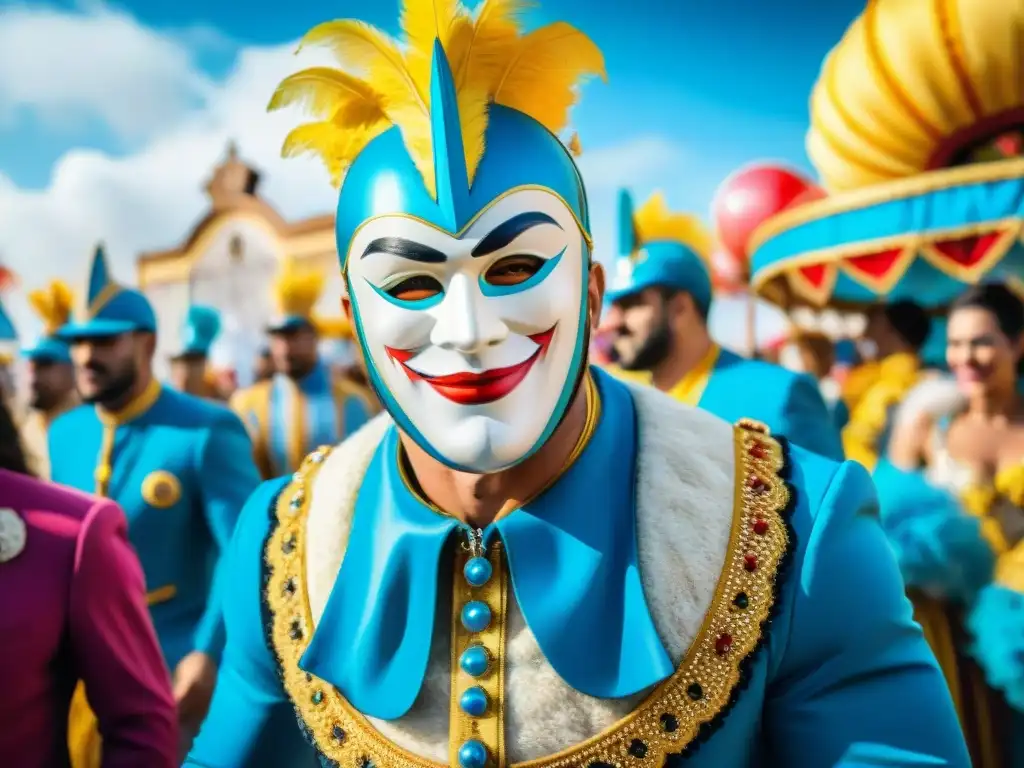 Deslumbrante desfile de carnaval en Uruguay: colores y alegría Desfile vibrante de carnaval en Uruguay, con carrozas y bailarines coloridos, bajo un cielo azul