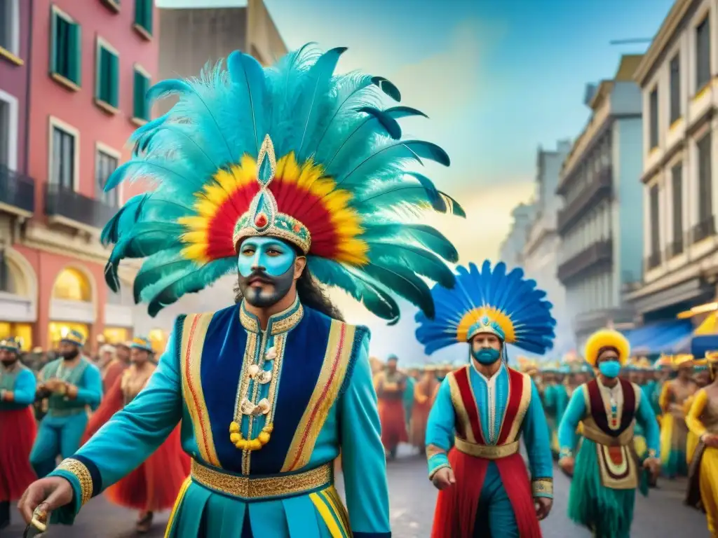 Deslumbrante Carnaval en Montevideo: calle llena de vida y color Un desfile vibrante de Carnaval en Montevideo con carrozas detalladas, bailarines con trajes brillantes y espectadores animados