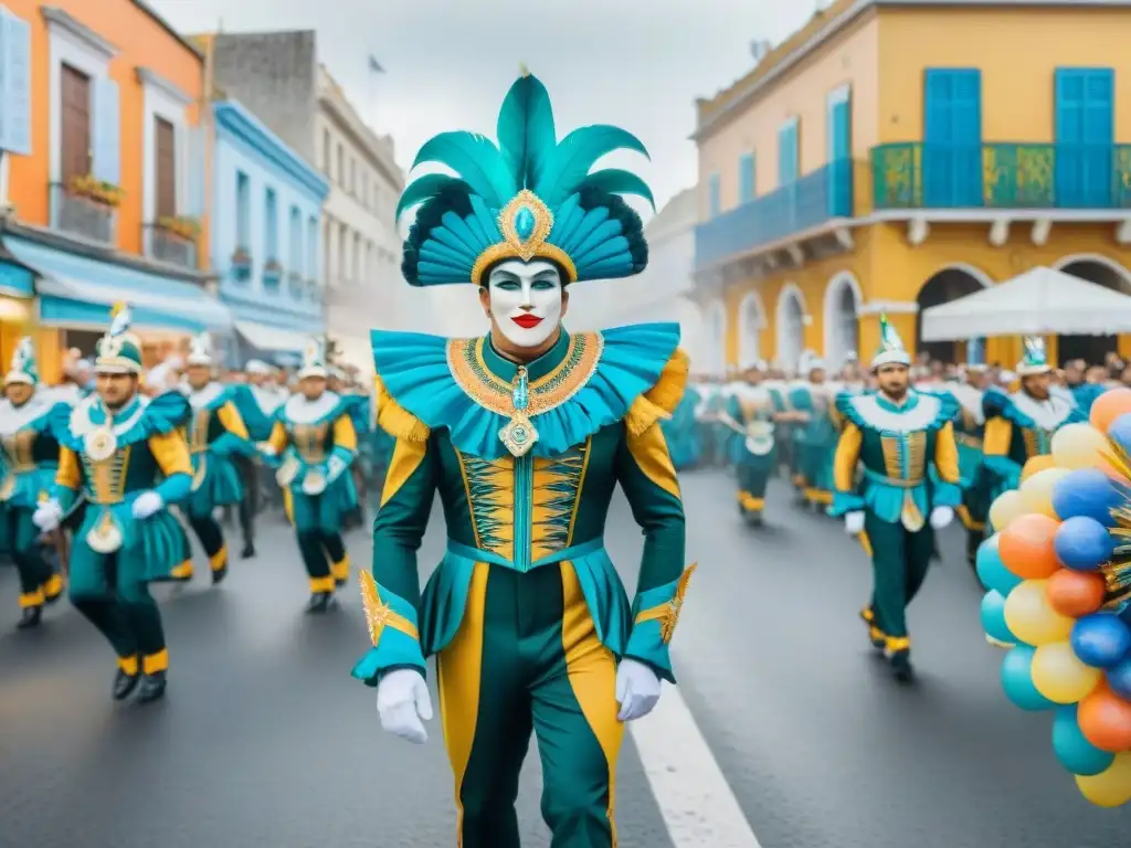 Deslumbrante desfile de carnaval en Uruguay Desfile vibrante de Carnaval en Uruguay con carrozas coloridas y danzantes en trajes elaborados, espectadores aclamando