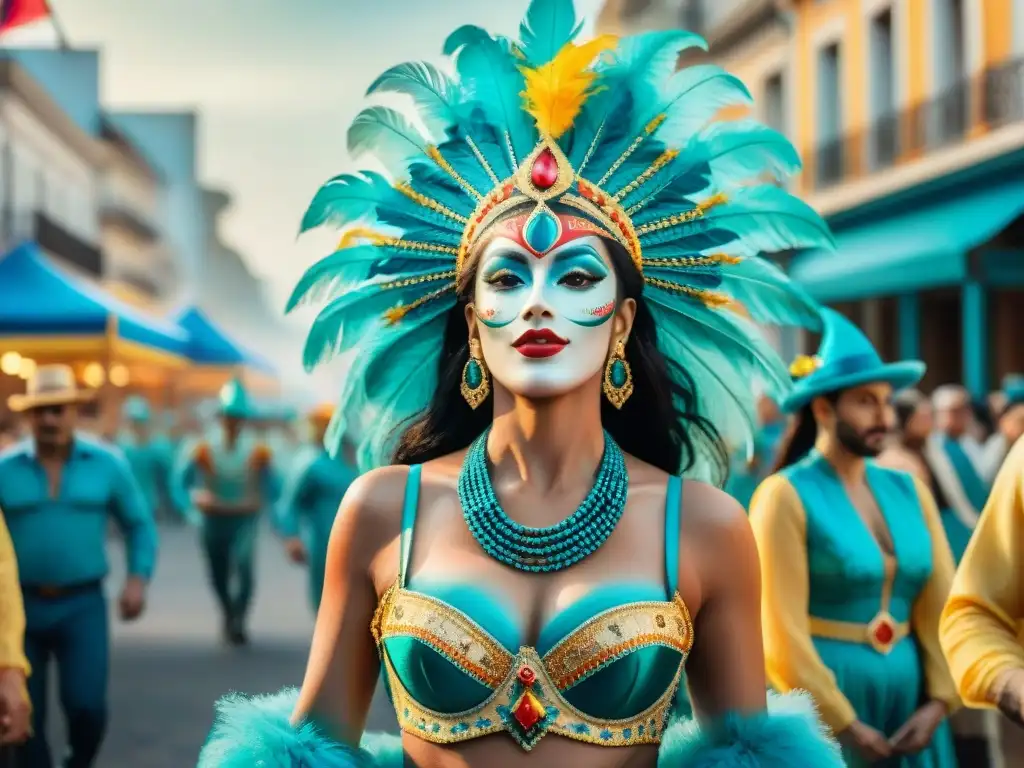 Deslumbrante Carnaval en Uruguay: fiesta de color y alegría Desfile vibrante de Carnaval en Uruguay, con colores festivos y bailarines exuberantes, seguros de viaje Carnaval Uruguay