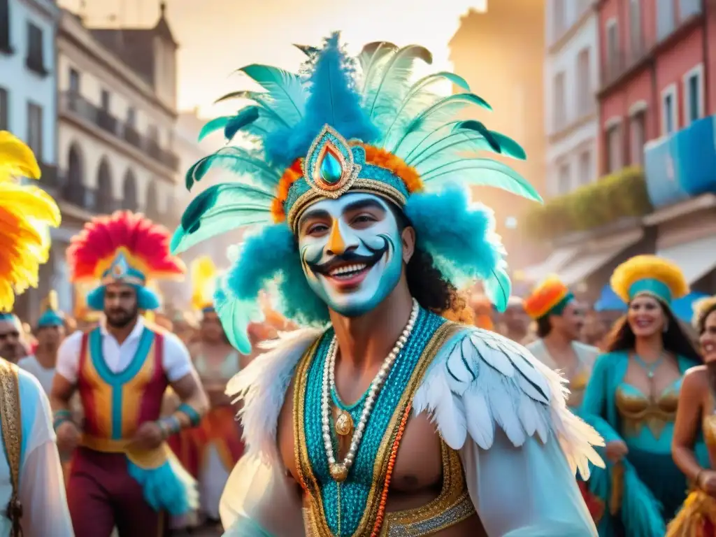 Desfile vibrante de Carnaval en Uruguay con coloridos trajes y carrozas detalladas, transformación de marca con Carnaval Uruguayo