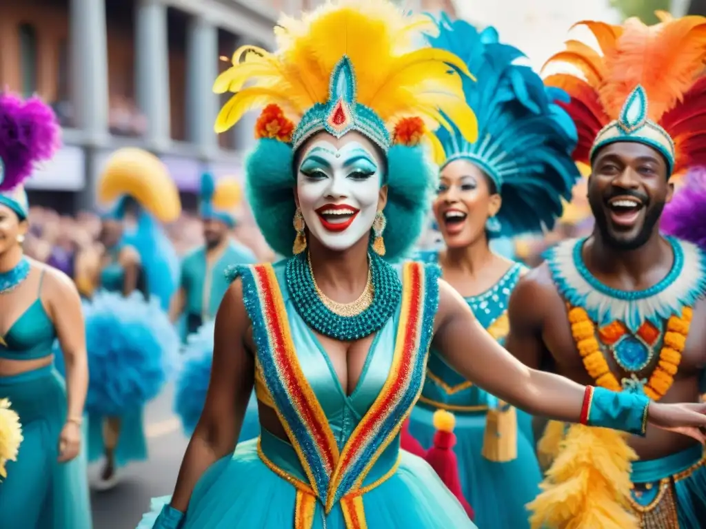 Deslumbrante desfile de carnaval: Coloridos artistas en movimiento Un desfile vibrante de Carnaval en Uruguay con coloridos trajes y celebración en el aire