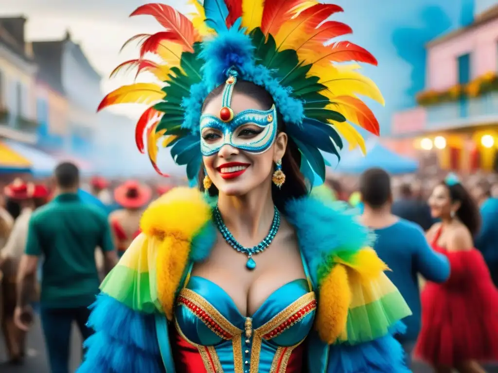 Deslumbrante Carnaval en Uruguay: desfile colorido y vibrante Un desfile vibrante de Carnaval en Uruguay, con coloridos carros alegóricos y danzantes en trajes elaborados