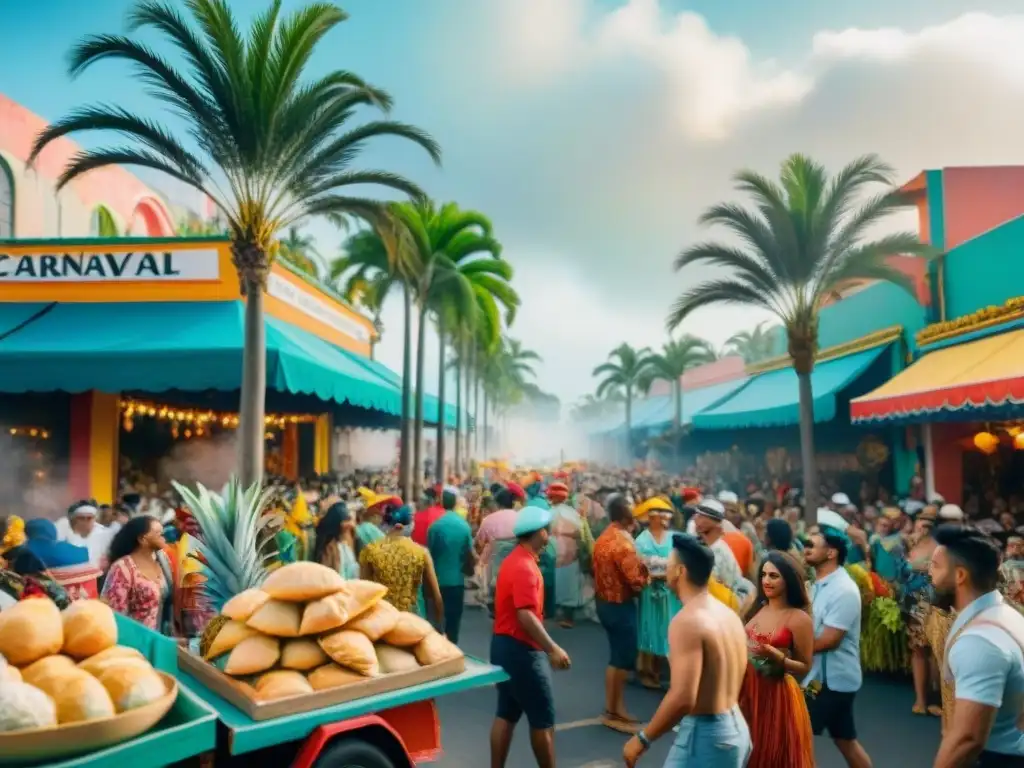 Desfile colorido en Carnaval: fiesta tropical llena de alegría Un desfile vibrante de Carnaval con coloridos carros alegóricos, bailarines y espectadores disfrutando de empanadas y frutas tropicales