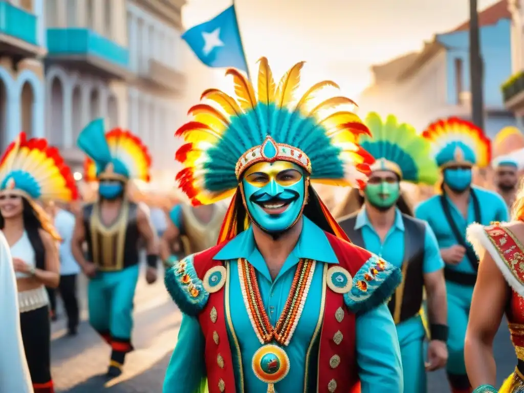 Carnaval en Uruguay: Desfile colorido y alegre Desfile vibrante de Carnaval en Uruguay con coloridos trajes tradicionales y música alegre, ciberseguridad durante Carnaval Uruguayo