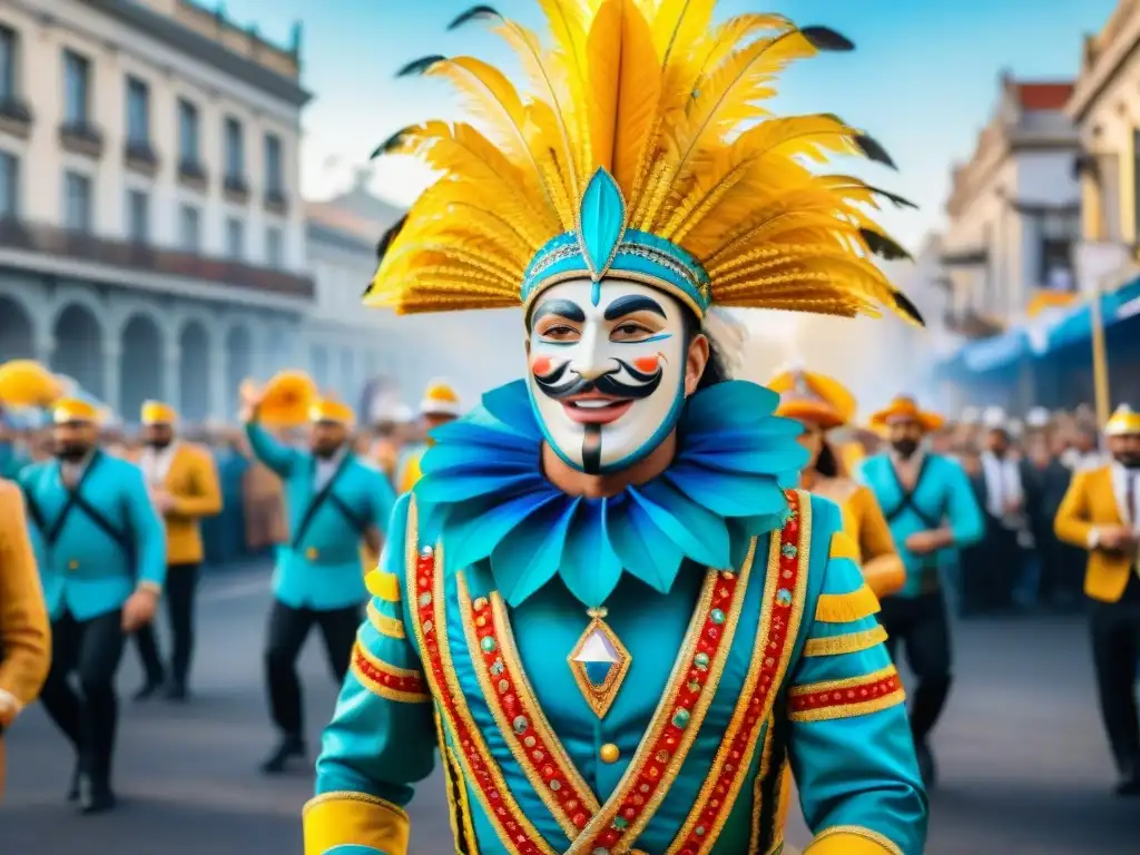 Deslumbrante desfile de Carnaval en Uruguay Desfile vibrante de Carnaval en Uruguay con coloridos carros alegóricos, trajes elaborados y música tradicional