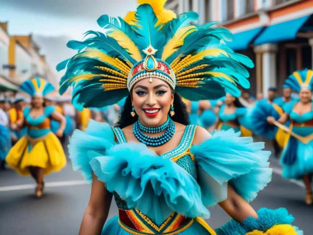 Colorido Carnaval en Uruguay: Baile y alegría en detalle Desfile vibrante de Carnaval en Uruguay, uniendo culturas a través del Carnaval con danzarines y espectadores festivos