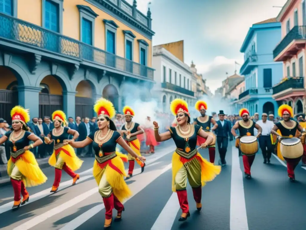 Carnaval en Uruguay: Baile y color en las calles Desfile vibrante de Carnaval en Uruguay con danzas tradicionales al ritmo de tambores de Candombe, frente a edificios coloniales