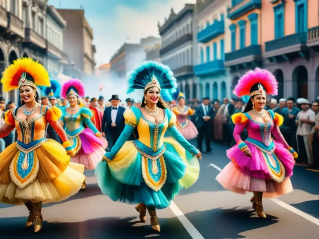 Desfile vibrante en el Carnaval de Uruguay, con danzas, carrozas y espectadores