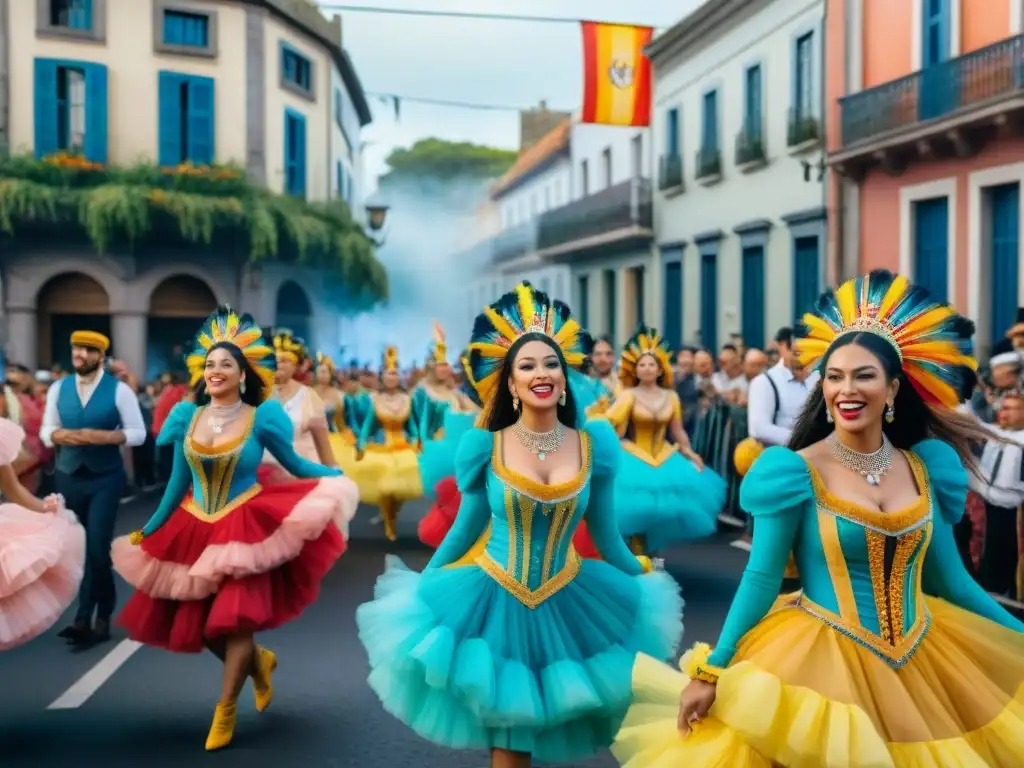 Desfile vibrante de Carnaval en Uruguay con danzas y música colorida