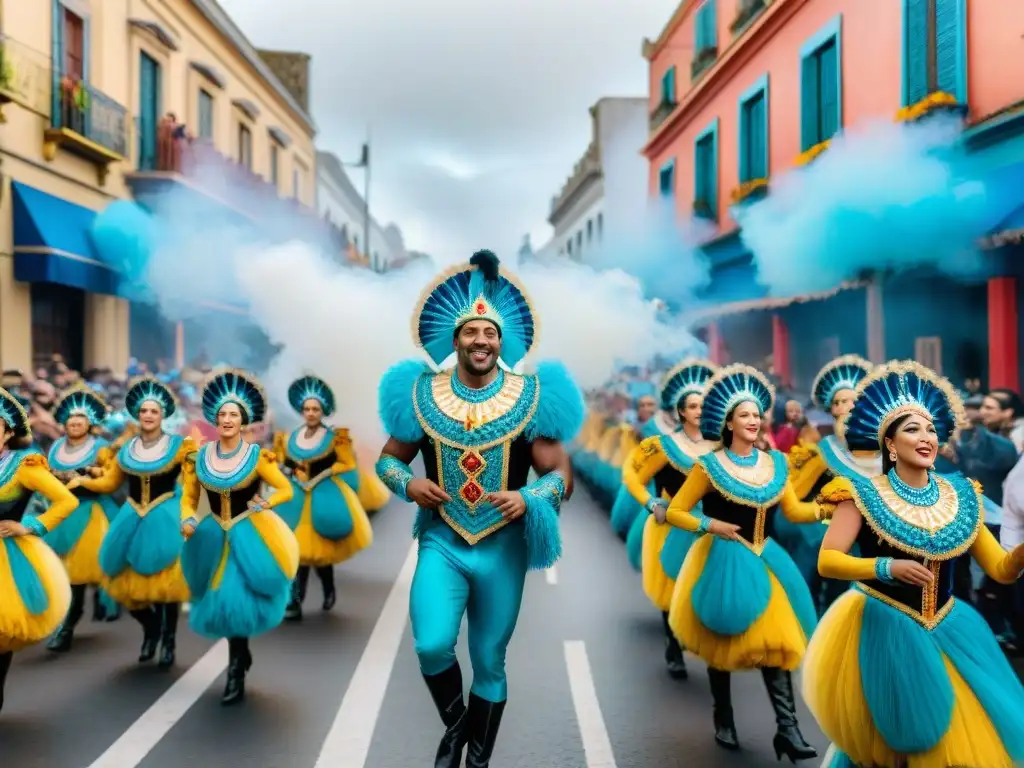 Deslumbrante Carnaval en Uruguay: coloridas carrozas y danzas Desfile vibrante de Carnaval en Uruguay con detalles coloridos y energía festiva, ideal para el marketing de marcas en Carnaval Uruguayo