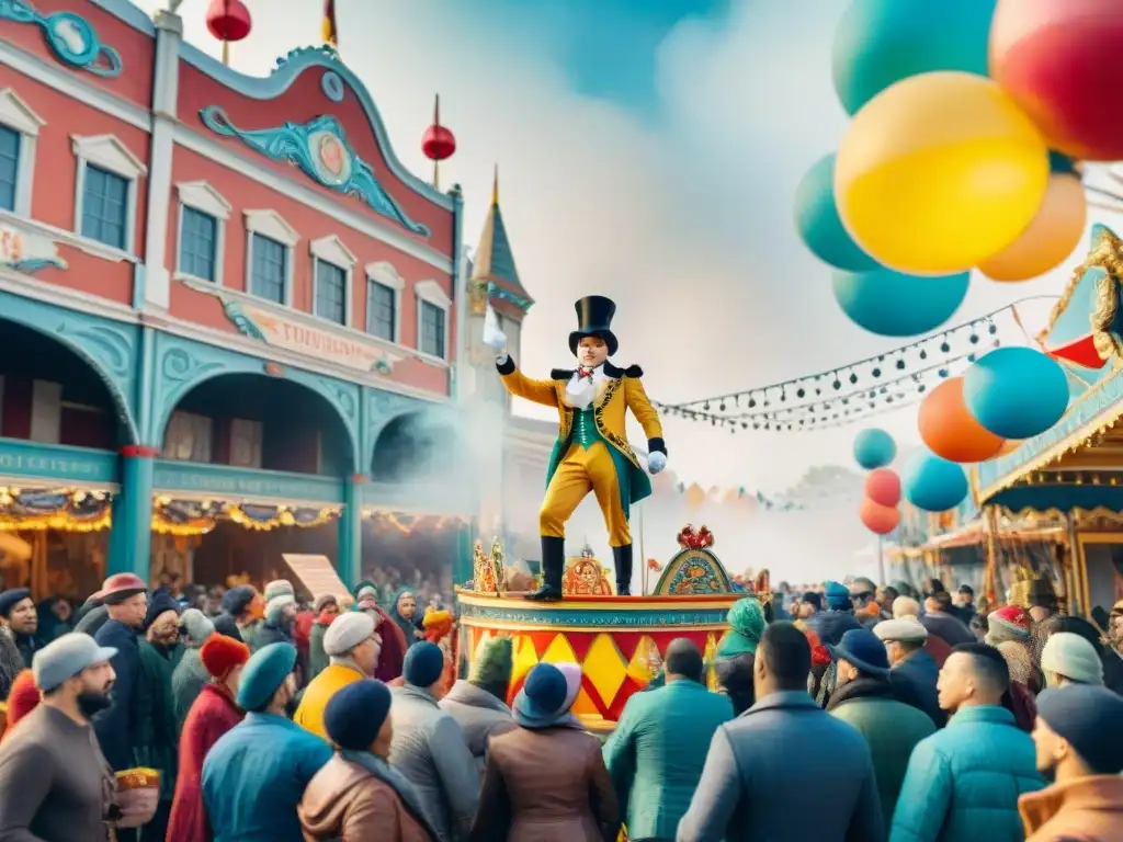 Desfile de Carnaval: Colorido y festivo Desfile vibrante de Carnaval con familias felices y coloridos carros alegóricos en un escenario festivo