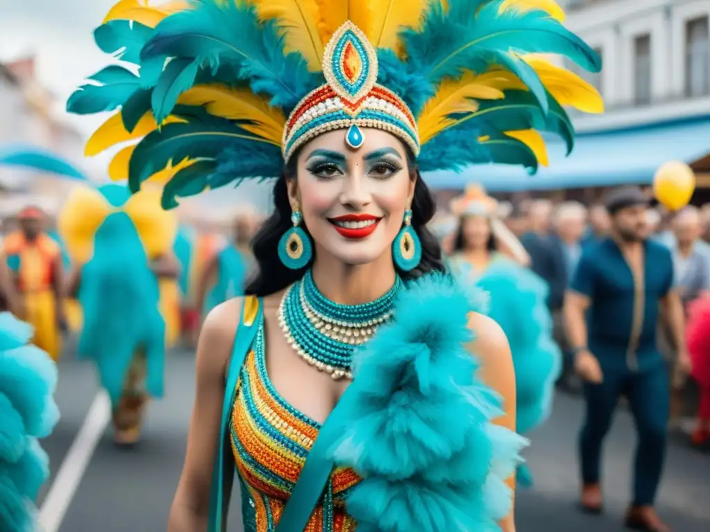 Deslumbrante Carnaval en Uruguay: colores y tradición Desfile vibrante de Carnaval en Uruguay con floats coloridos y bailarines en trajes tradicionales, espectadores disfrutando la fiesta