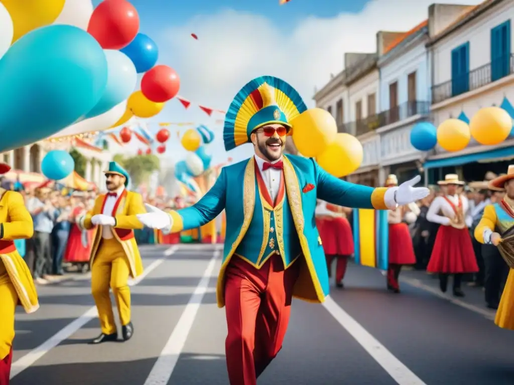Desfile de Carnaval en Uruguay: Color y alegría Desfile vibrante de carnaval en Uruguay, con floats coloridos, bailarines y música alegre