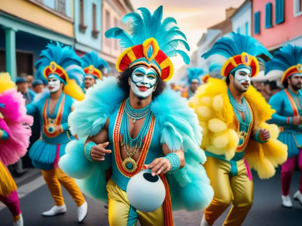 Desfile de Carnaval en Uruguay: Colorida Celebración en Acuarela Desfile vibrante de Carnaval en Uruguay con floats coloridos y danzarines en trajes elaborados