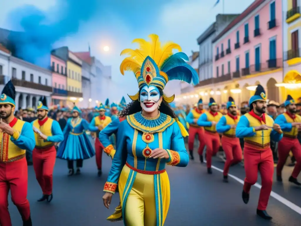 Desfile de Carnaval en Uruguay: Explosión de colores y alegría Desfile vibrante de Carnaval en Uruguay, con floats coloridos y una multitud animada