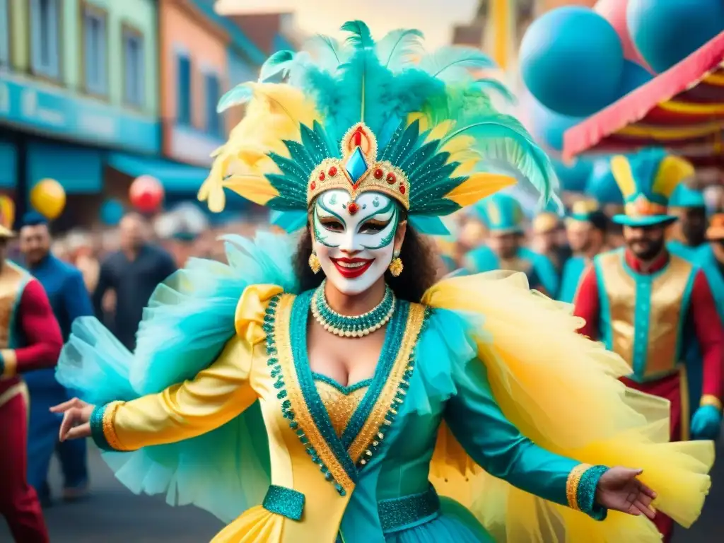 Deslumbrante desfile de Carnaval: colores y alegría en movimiento Desfile vibrante de Carnaval con floats coloridos y bailarines en trajes elaborados