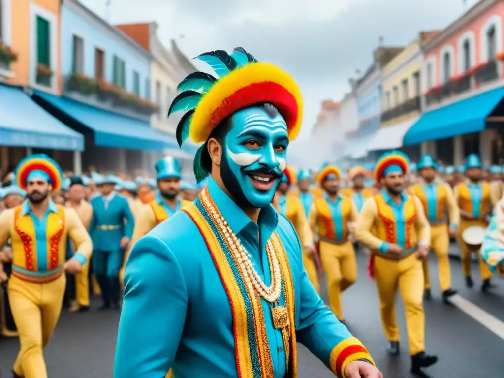 Vibrante Carnaval en Uruguay: pintura acuarela detallada Desfile vibrante de Carnaval en Uruguay: flotas coloridas, bailarines con trajes tradicionales, música alegre y espectadores emocionados