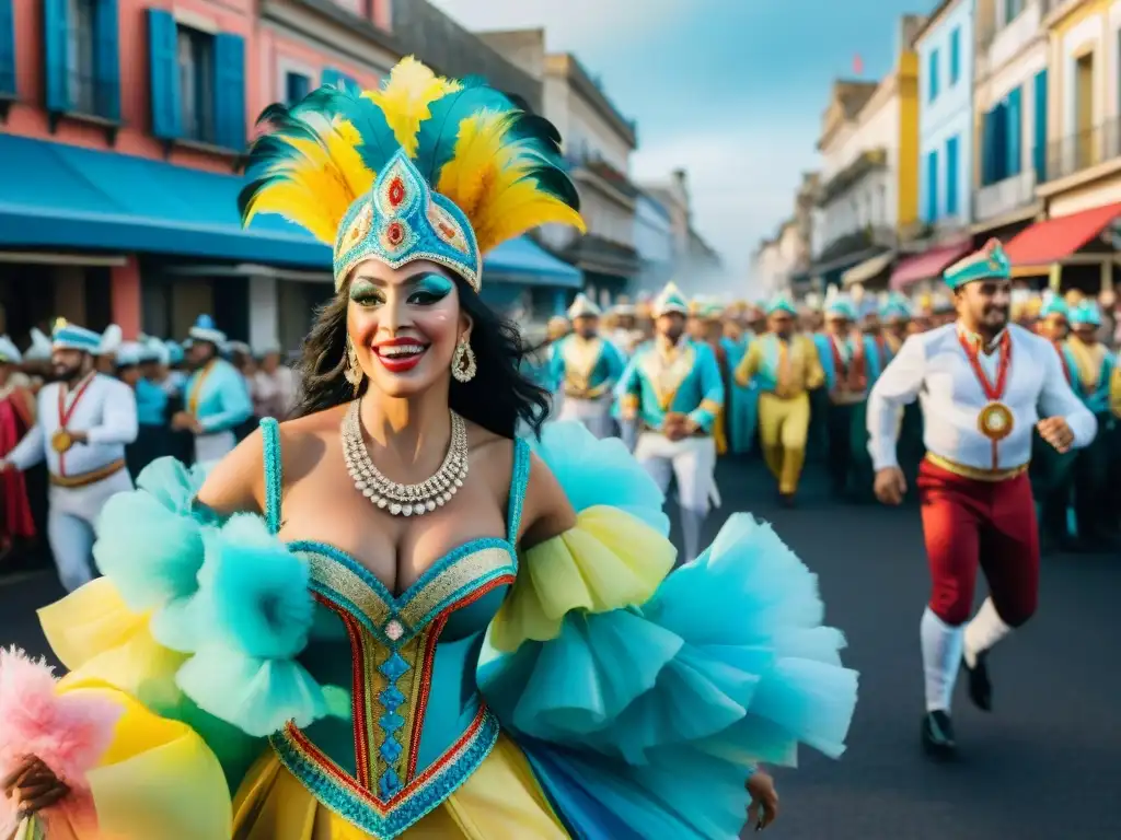 Desfile vibrante del Carnaval en Uruguay: evolución festiva Un desfile vibrante de Carnaval en Uruguay ilustrado con acuarelas detalladas