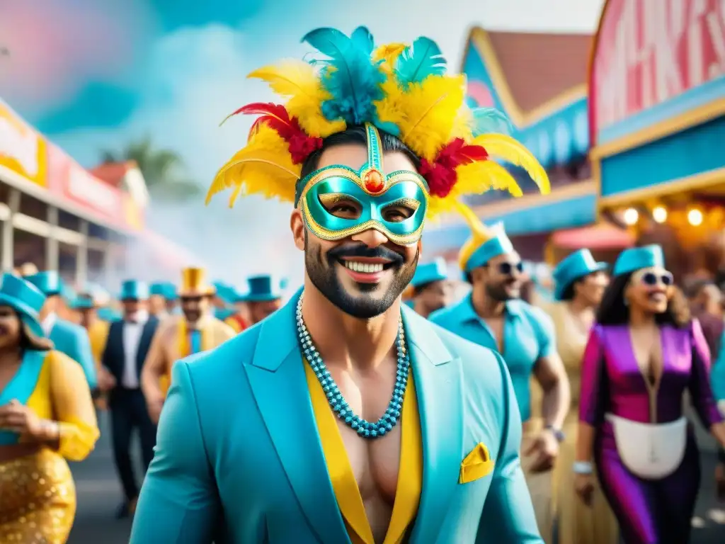 Deslumbrante desfile de Carnaval: alegría y colorido Un desfile vibrante de Carnaval lleno de comparsas y murgas coloridas, con disfraces y máscaras intrincados