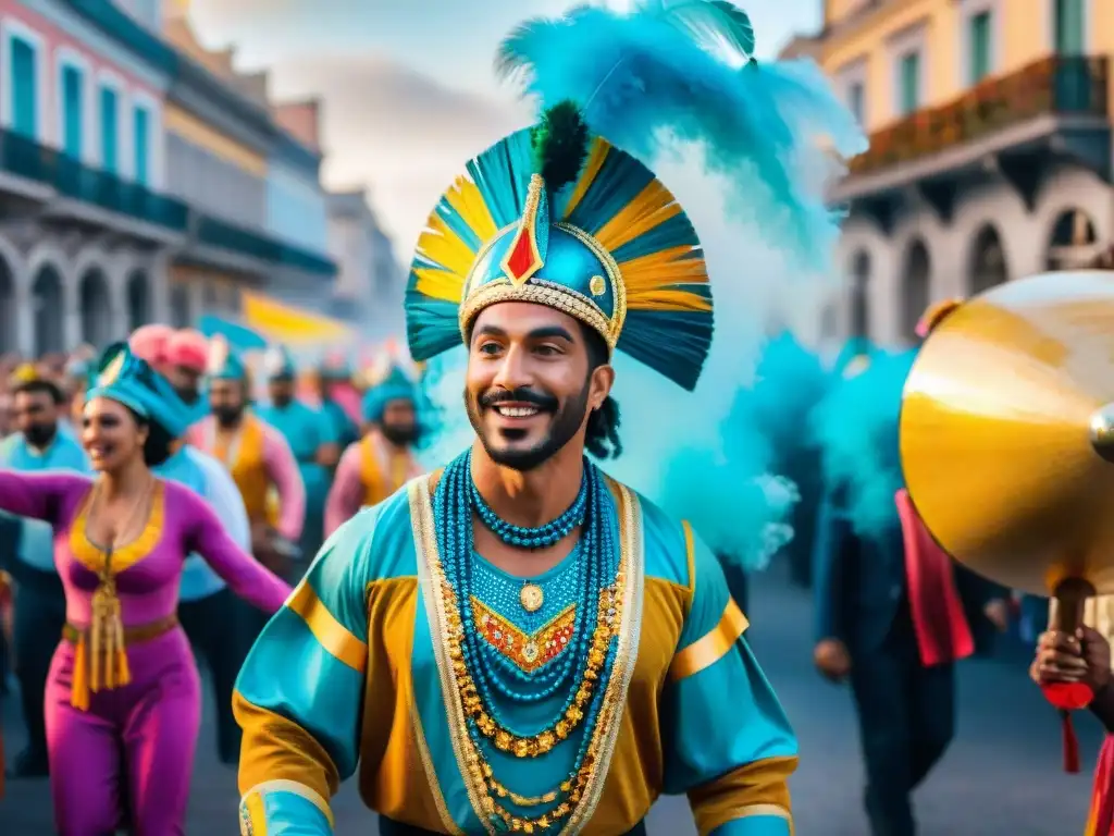 Deslumbrante Carnaval en Uruguay: músicos y bailarines en vibrante desfile Desfile vibrante de Carnaval en Uruguay con músicos y bailarines en trajes coloridos