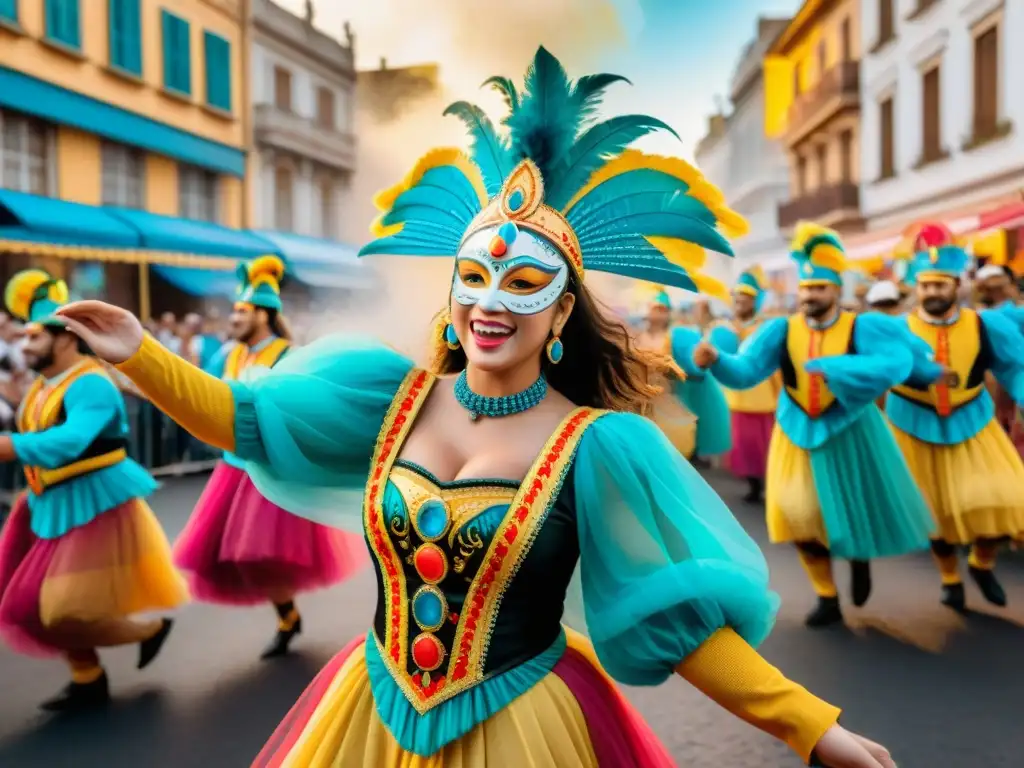 Deslumbrante desfile del Carnaval Uruguayo: alegría y color Un desfile vibrante de Carnaval en Uruguay con paleta de colores vibrantes y participantes llenos de alegría