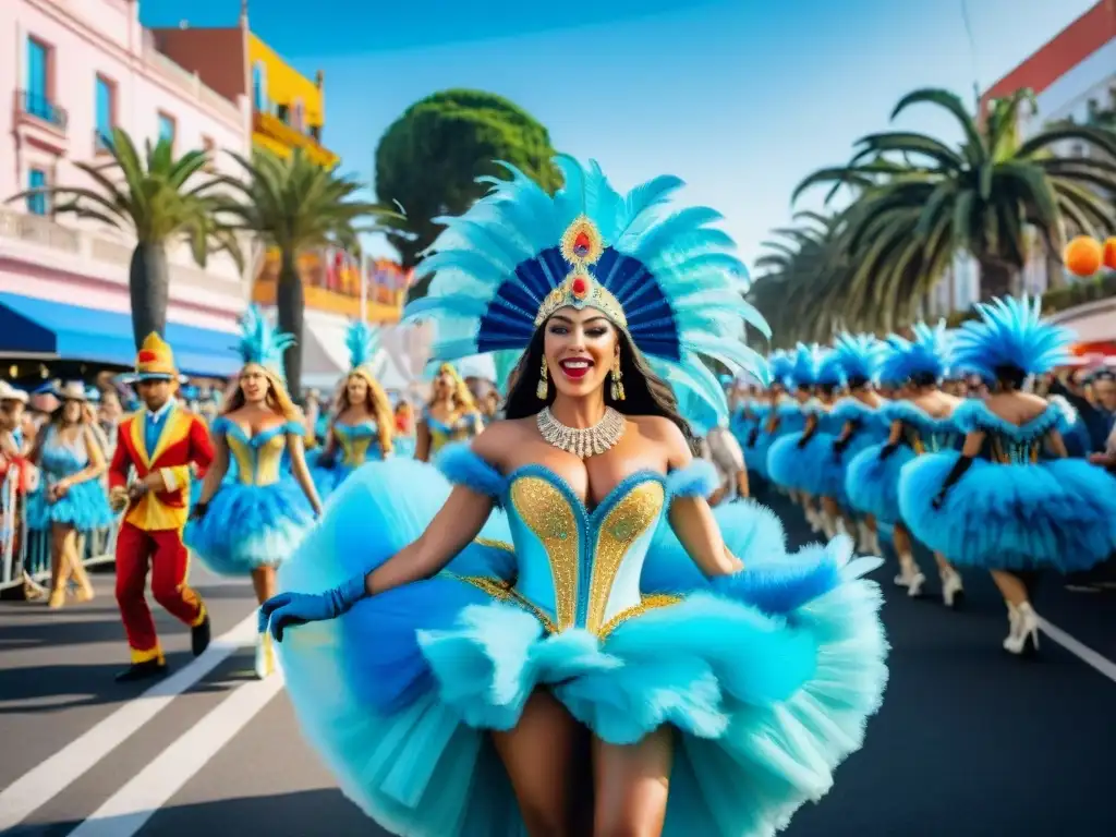 Desfile de Carnaval en Punta del Este: Vibrante ilustración acuarela Desfile vibrante de Carnaval en Punta del Este, Uruguay, con coloridos carros alegóricos y espectadores animados