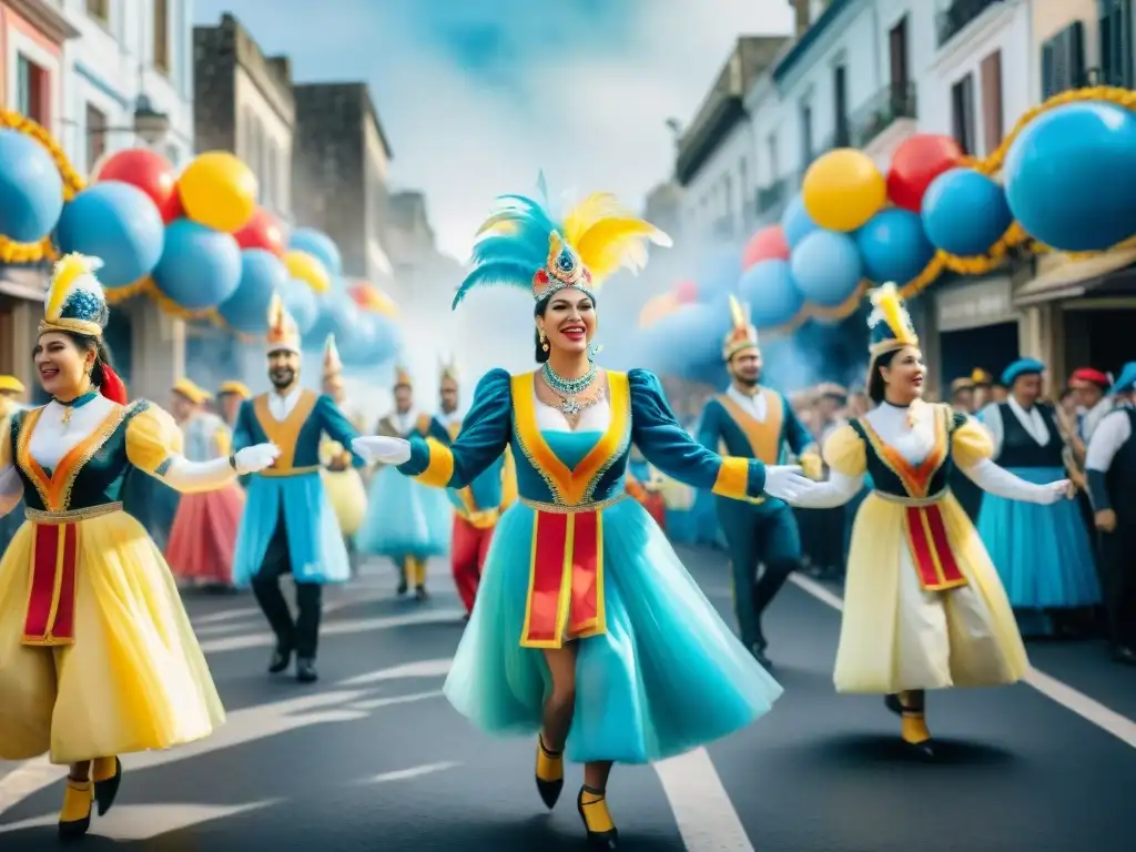 Desfile colorido de Carnaval en Uruguay: alegría y sabores Desfile vibrante de Carnaval en Uruguay con recetas tradicionales como chaja y alfajores