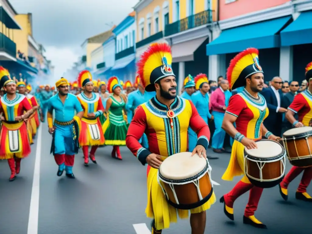 Vibrante Carnaval en Uruguay: danzas, tambores y tradición Desfile vibrante de Carnaval en Uruguay con trajes africanos, tambores y espectadores celebrando la historia del candombe afrouruguayo