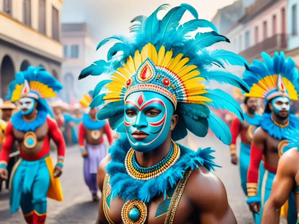 Desfile vibrante de Carnaval en Uruguay: colorido y festivo Desfile vibrante del Carnaval en Uruguay, con trajes tradicionales africanos y máscaras coloridas
