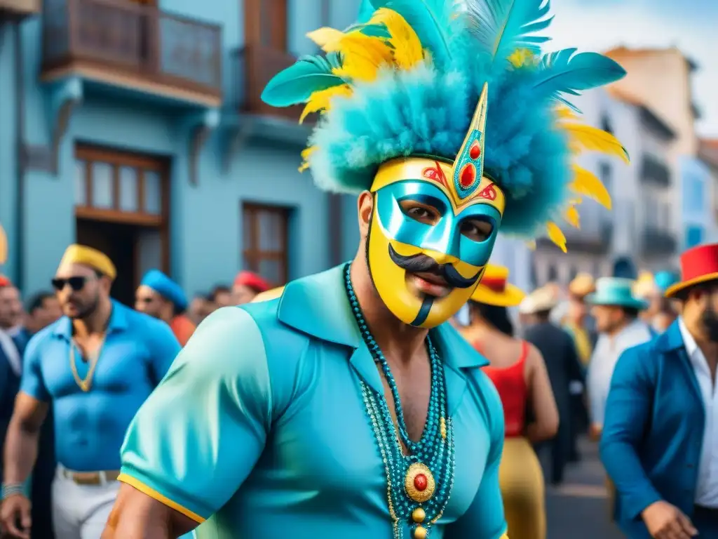 Carnaval en Uruguay: Desfile colorido y festivo Desfile vibrante de Carnaval en Uruguay con trajes coloridos y músicos, revistas documentan evolución Carnaval Uruguayo