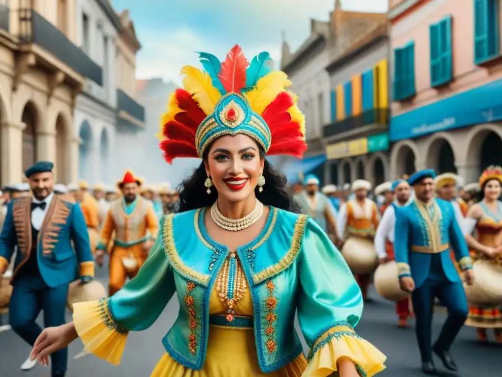 Pintura acuarela del Carnaval en Uruguay Un desfile vibrante de Carnaval en Uruguay, con trajes elaborados y danzas exuberantes, en medio de una arquitectura colonial histórica