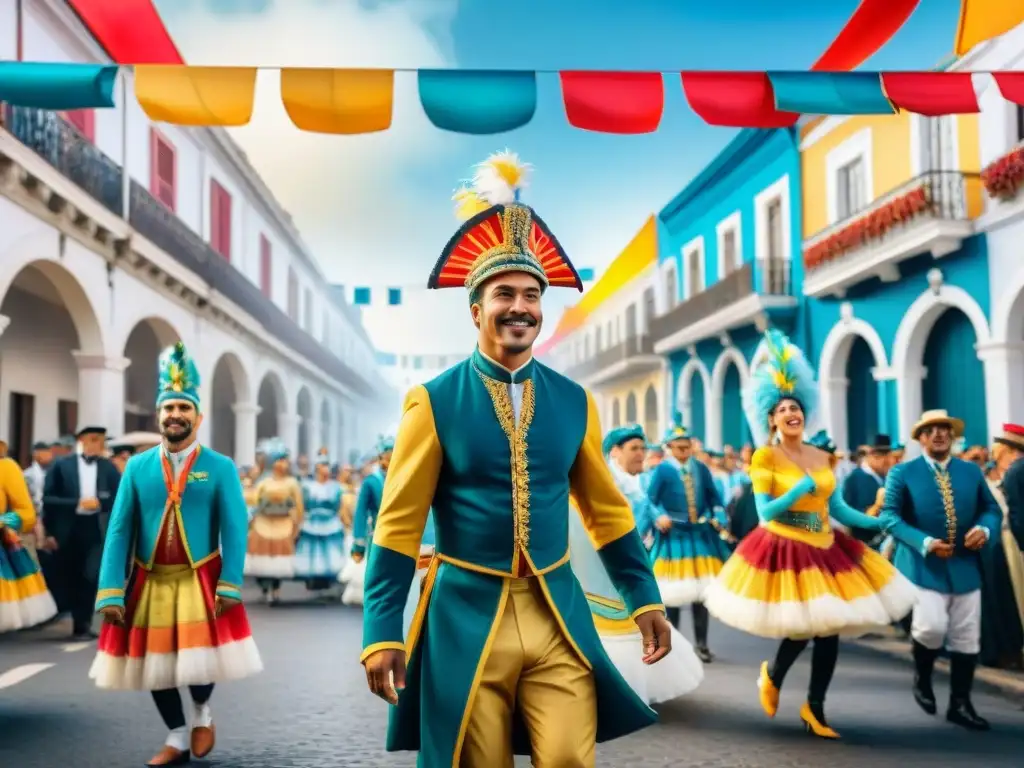 Desfile de Carnaval en Uruguay: color y alegría Desfile vibrante de Carnaval en Uruguay con trajes detallados y músicos, frente a edificios coloniales coloridos