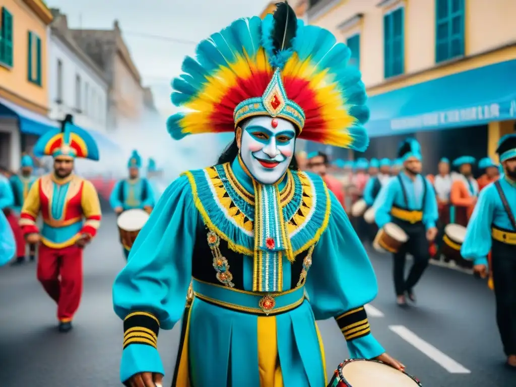 Deslumbrante Carnaval en Uruguay: fiesta colorida y alegre Desfile vibrante de Carnaval en Uruguay con trajes tradicionales y bailarines alegres, reflejando la celebración comunitaria