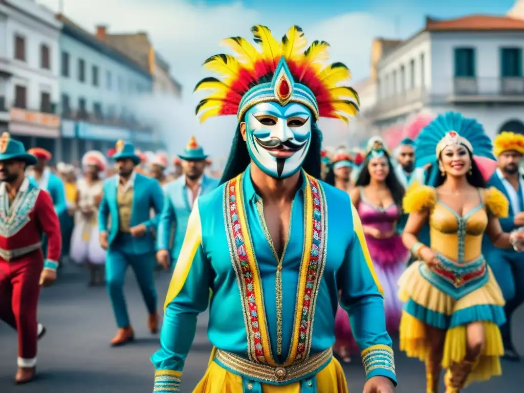 Carnaval Uruguayo: Desfile vibrante y colorido Un desfile vibrante de Carnaval en Uruguay con trajes coloridos y bailarines energéticos