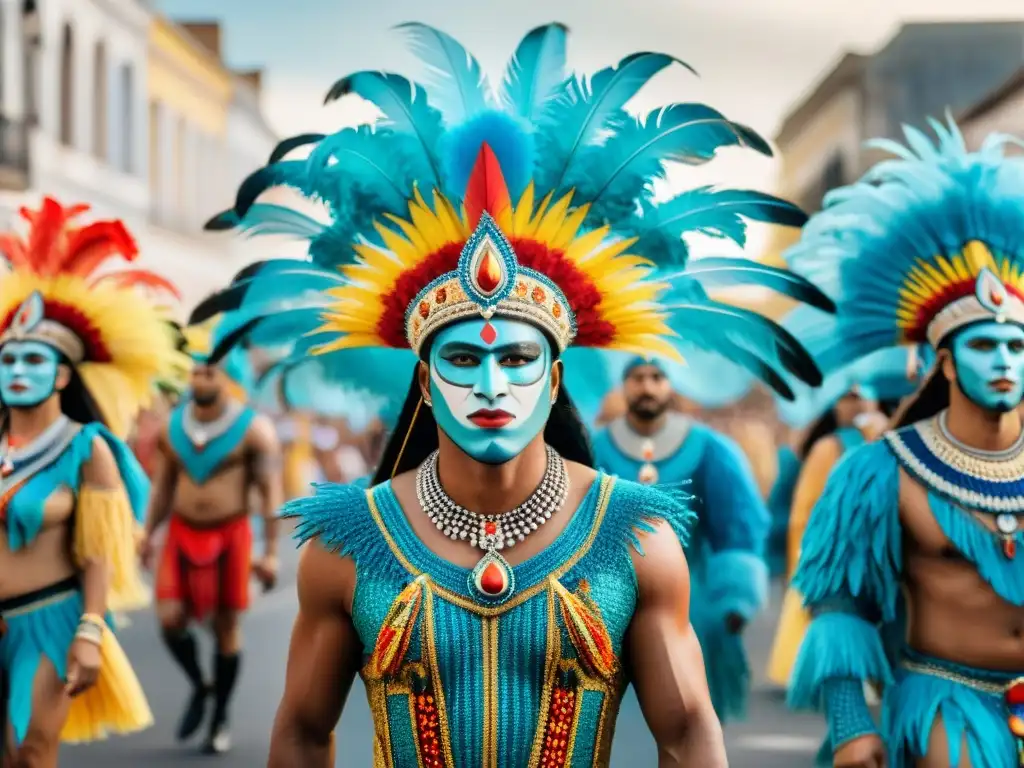 Deslumbrante Carnaval en Uruguay: Tradición y Creatividad Un desfile vibrante de Carnaval en Uruguay con trajes diseñados que cuentan historias de tradición y creatividad