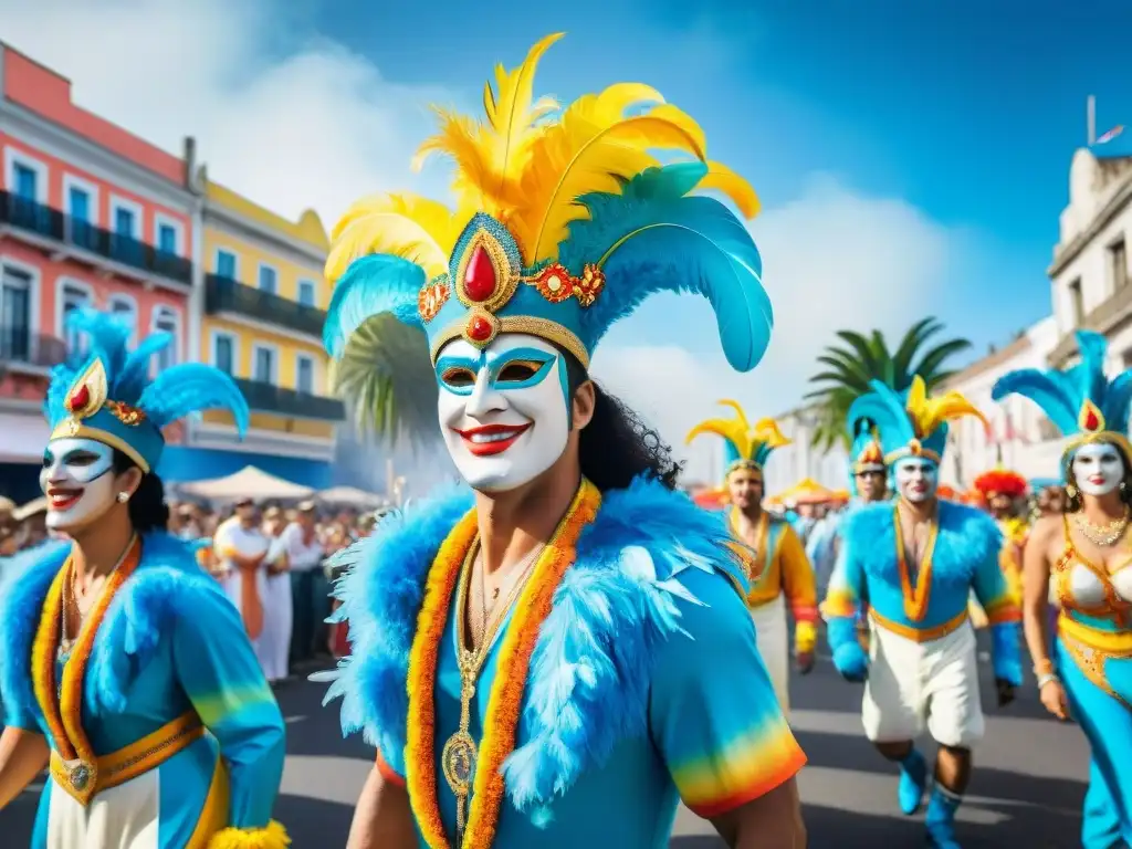 Desfile vibrante del Carnaval en Uruguay: colores, música y alegría Desfile vibrante de Carnaval en Uruguay: trajes coloridos, máscaras intrincadas y música alegre llenan las calles