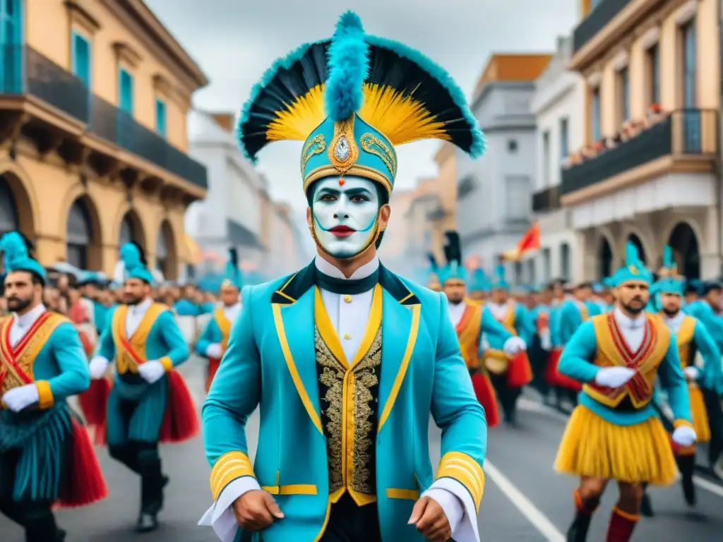 Carnaval Uruguayo: vibrante desfile de colores y tradiciones Desfile vibrante del Carnaval Uruguayo con carros alegóricos, bailarines y espectadores, energía festiva