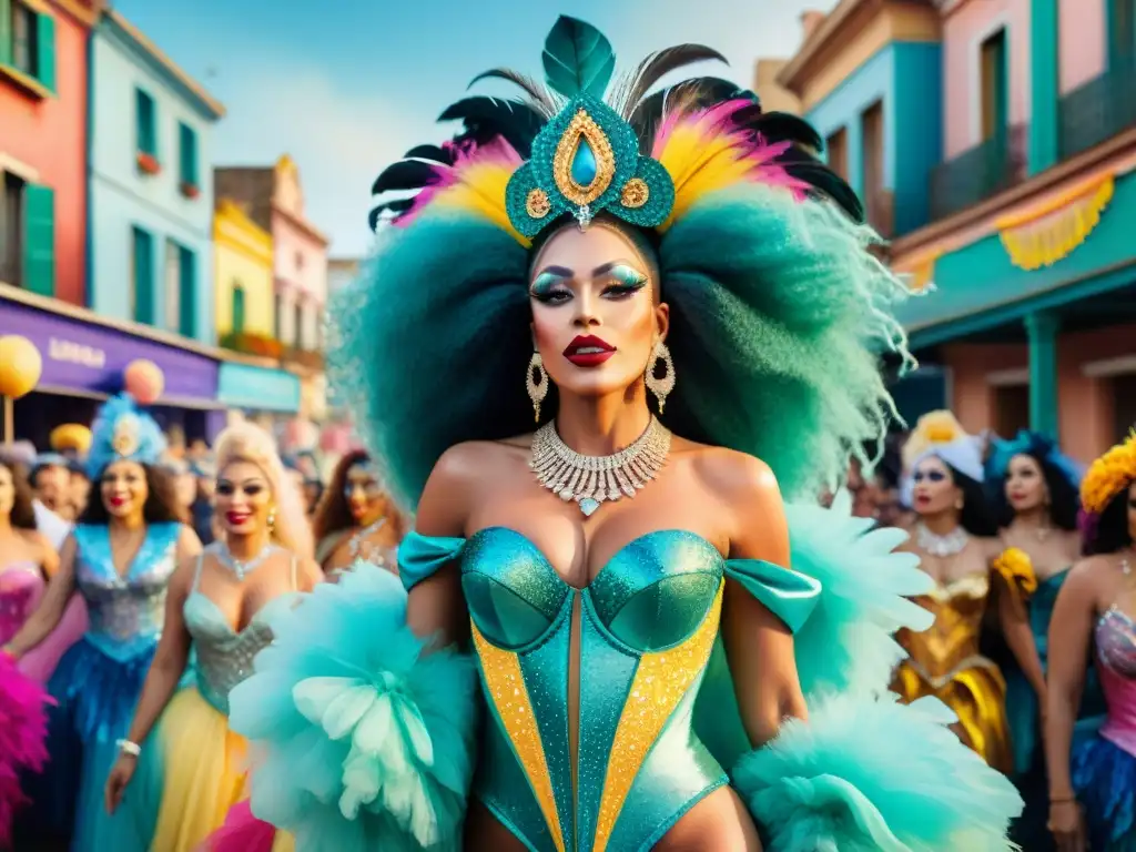 Deslumbrante desfile de Drag Queens en Carnaval Uruguayo Un desfile vibrante en Carnaval Uruguayo con Drag Queens exquisitamente adornadas, confeti y espectadores emocionados